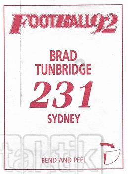 1992 Select AFL Stickers #231 Brad Tunbridge Back